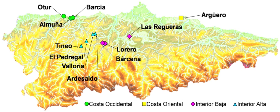 Zonas geográficas de Asturias donde se realizan las evaluaciones de variedades de maíz. © SERIDA 2011